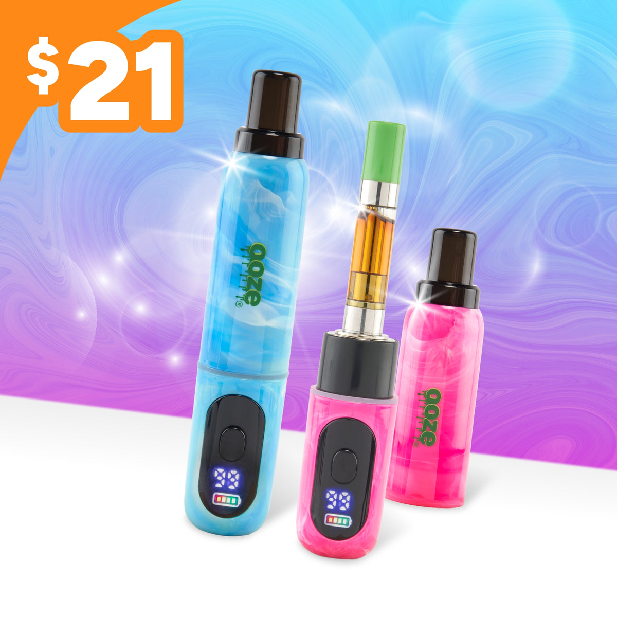 Blue and pink Ooze Hivos on a gradient background with $21 price tag