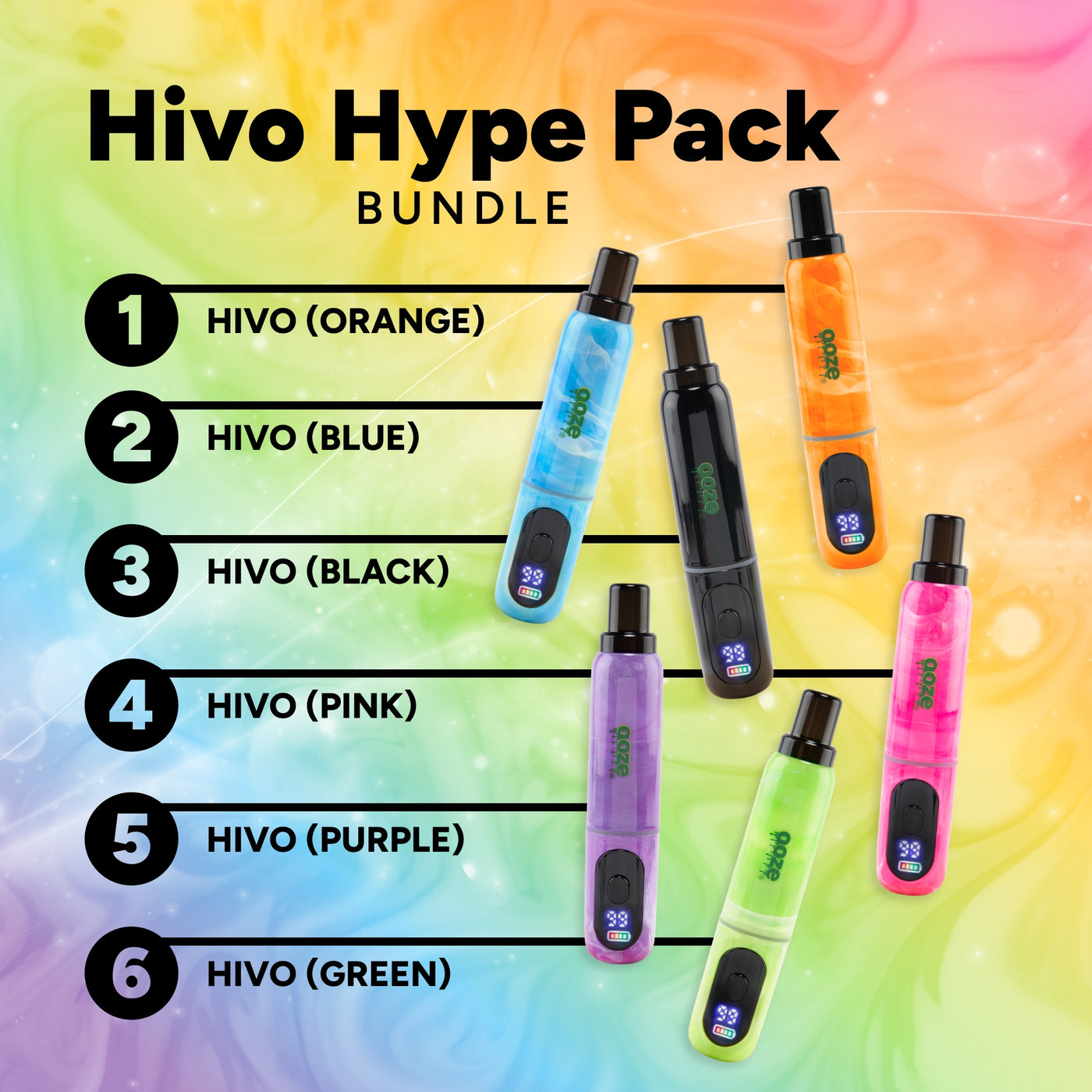 Hivo vape devices in various colors on a colorful gradient background with 'Hivo Hype Pack Bundle' text.