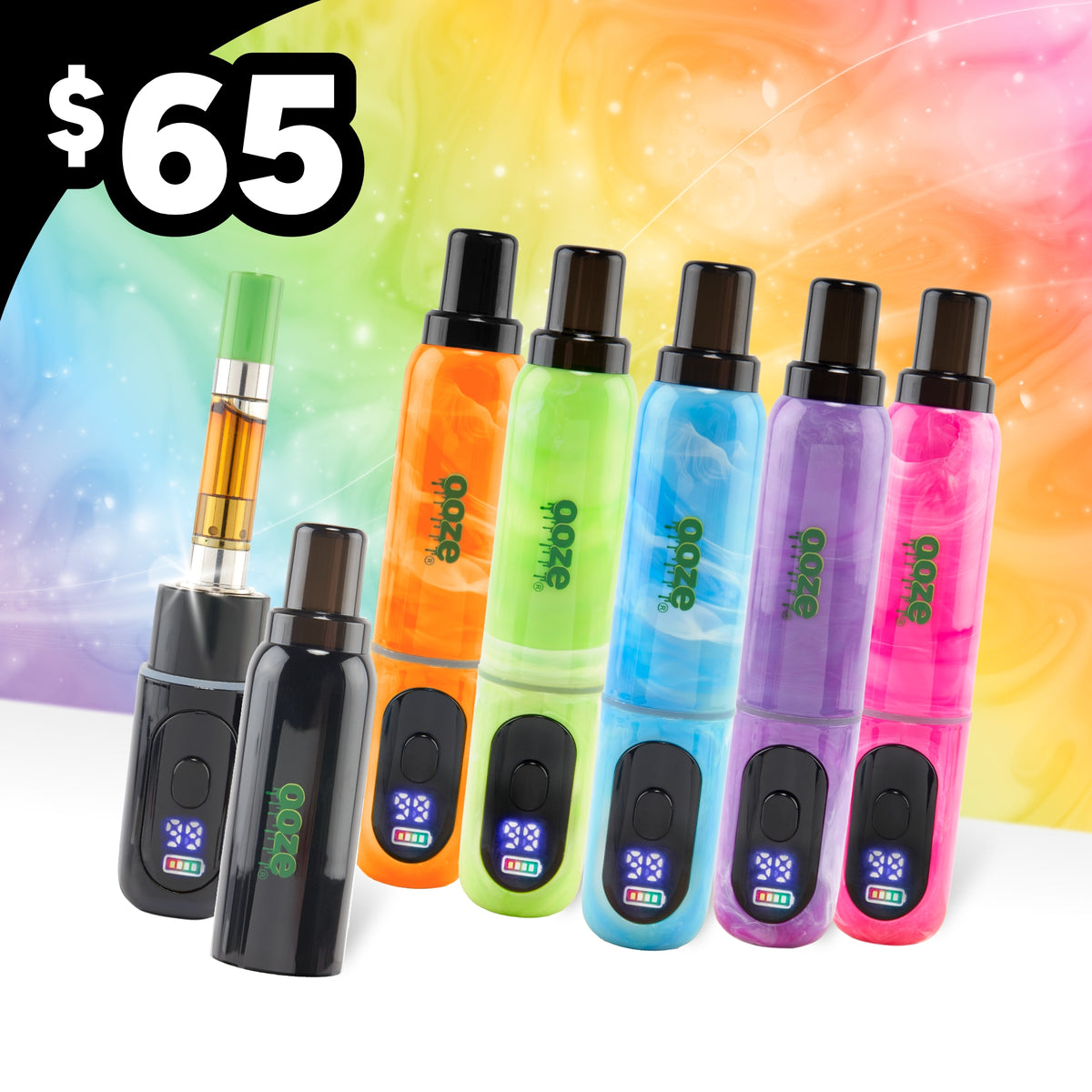 All 6 colors of the Ooze Hivo battery lined up on a rainbow background with a $65 price tag