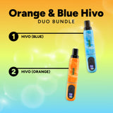 Orange and blue Hivo vape devices on a gradient background with text indicating a duo bundle.