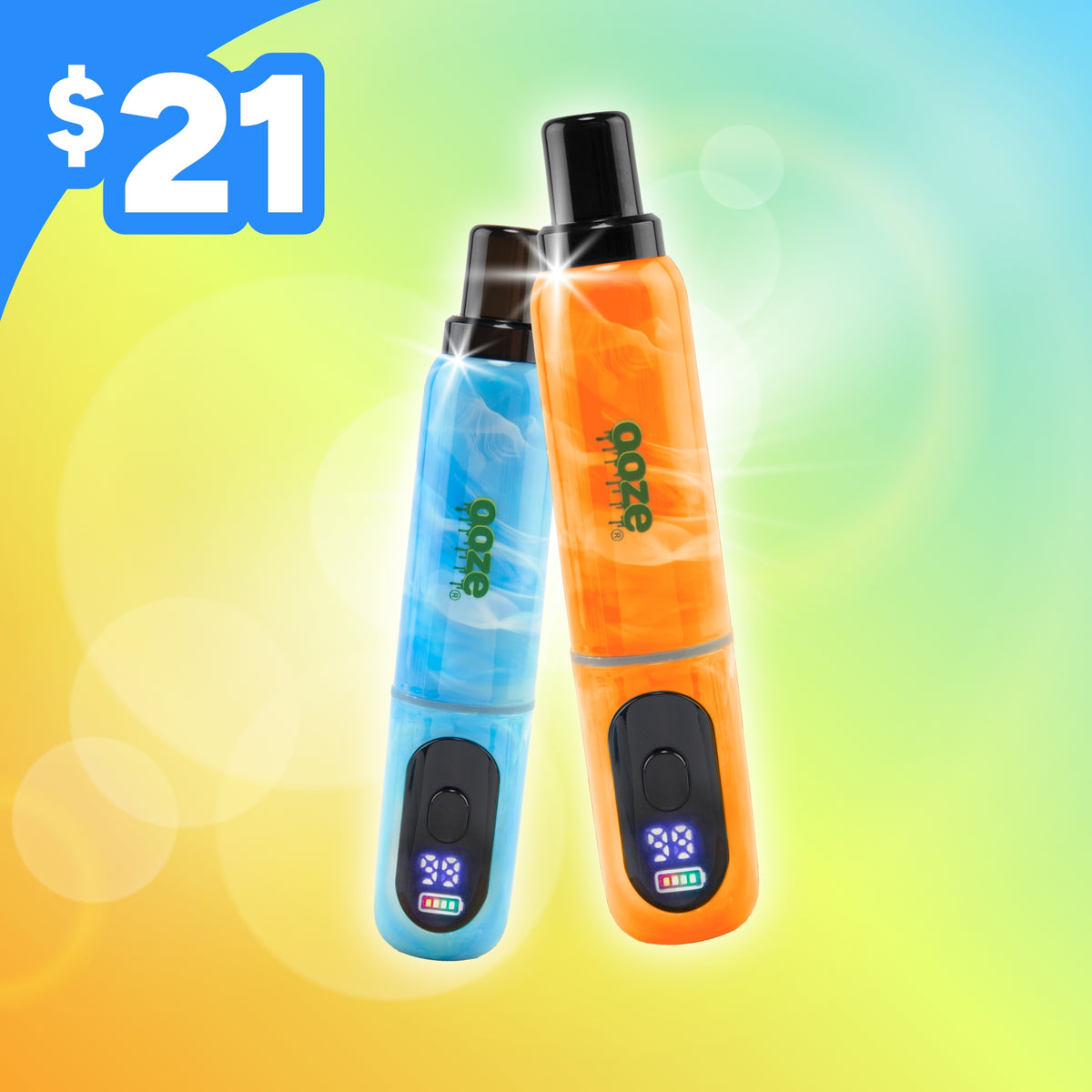 Blue and orange Ooze HIvo batteries on a gradient background with $21 price tag