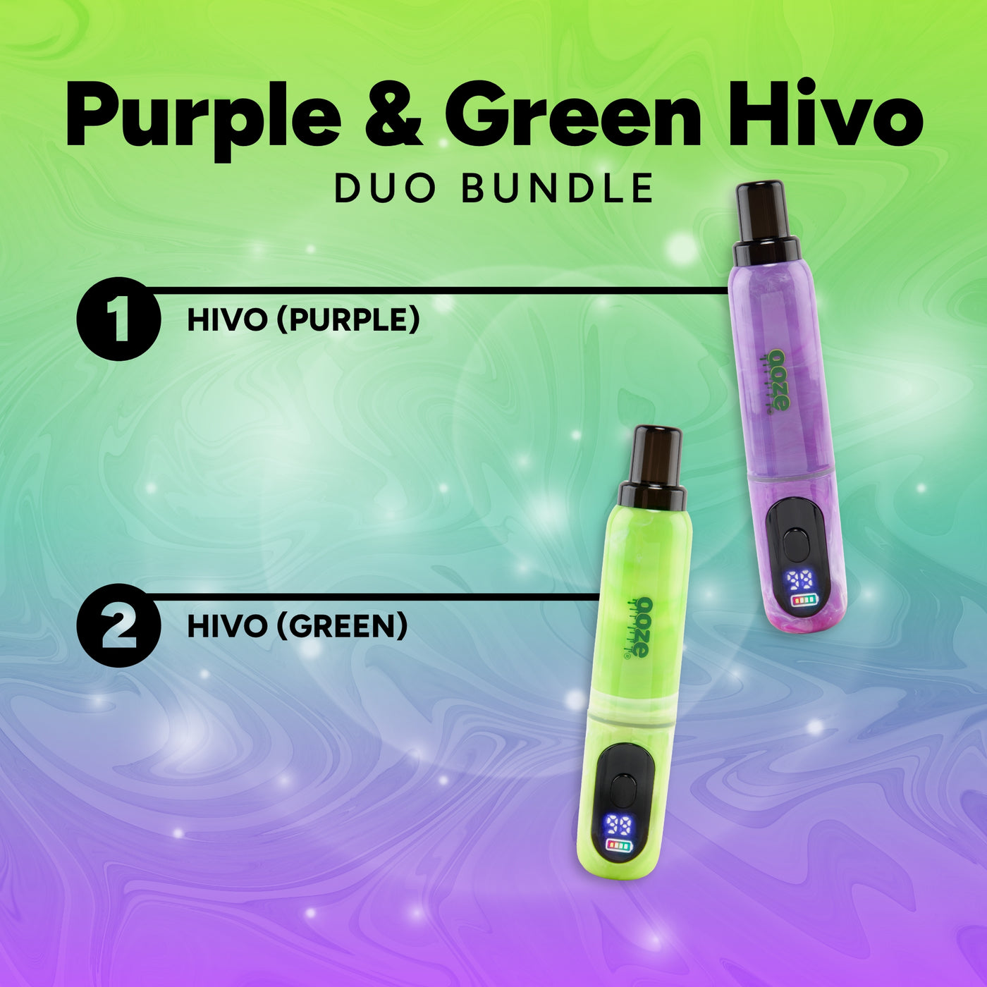Purple and green Hivo vape devices on a colorful gradient background