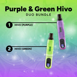 Purple and green Hivo vape devices on a colorful gradient background