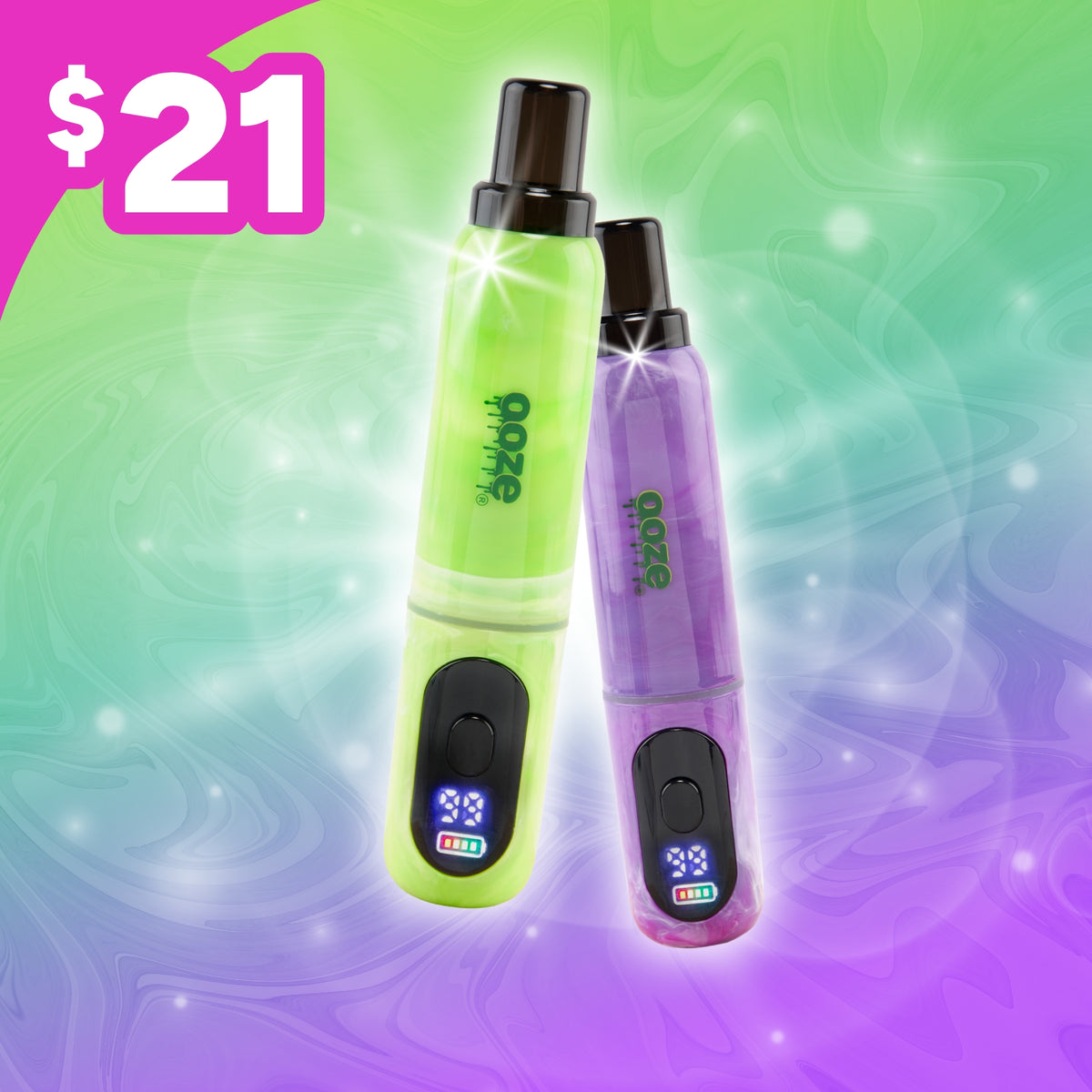 Green and purple Ooze Hivo batteries on a gradient background with $21 price tag
