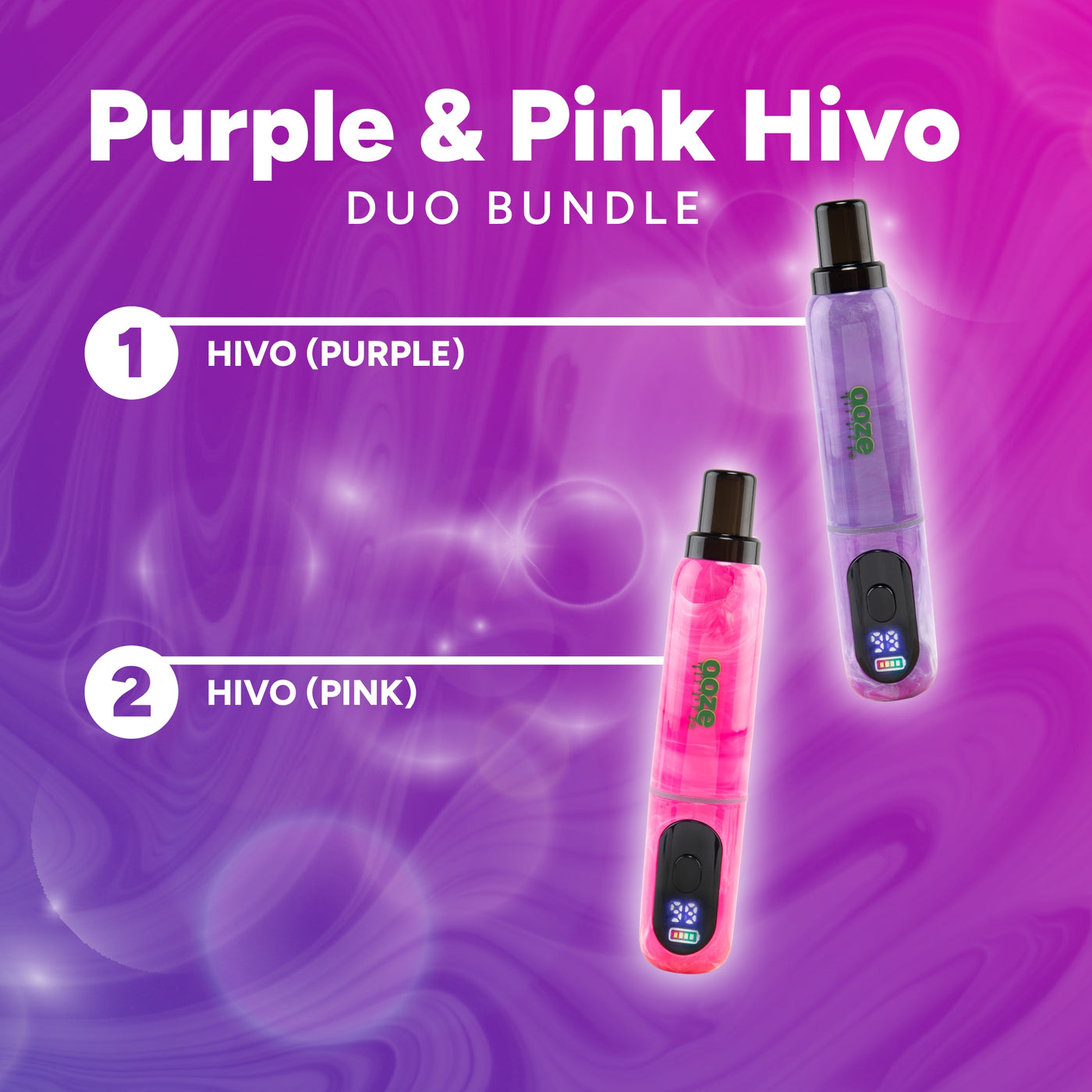 Purple and pink Hivo devices on a purple background with text indicating a duo bundle.