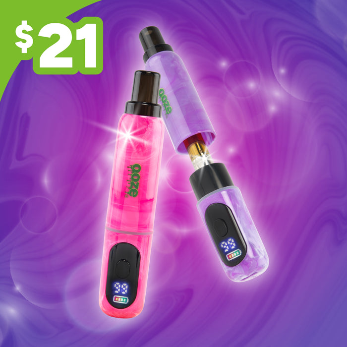 Pink and purple Ooze Hivo batteries on a purple background with $21 price tag