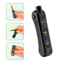 The black Ooze Hinge battery shown without a cartridge, and hands holding the device in three frames to show the cartridge positions
