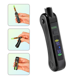 The black Ooze Hinge battery shown without a cartridge, and hands holding the device in three frames to show the cartridge positions