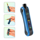 The blue Ooze Hinge battery shown without a cartridge, and hands holding the device in three frames to show the cartridge positions