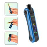 The blue Ooze Hinge battery shown without a cartridge, and hands holding the device in three frames to show the cartridge positions