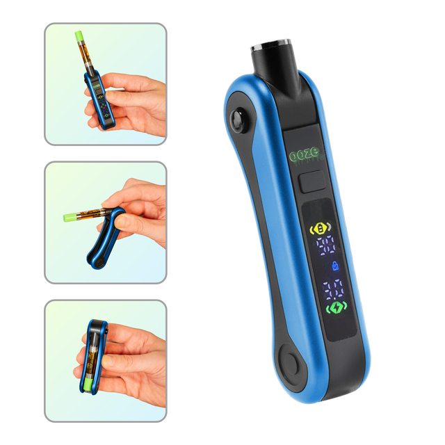 The blue Ooze Hinge battery shown without a cartridge, and hands holding the device in three frames to show the cartridge positions