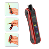 The red Ooze Hinge battery shown without a cartridge, and hands holding the device in three frames to show the cartridge positions