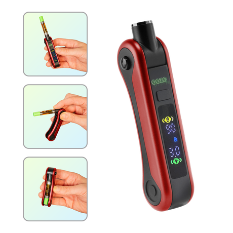 The red Ooze Hinge battery shown without a cartridge, and hands holding the device in three frames to show the cartridge positions