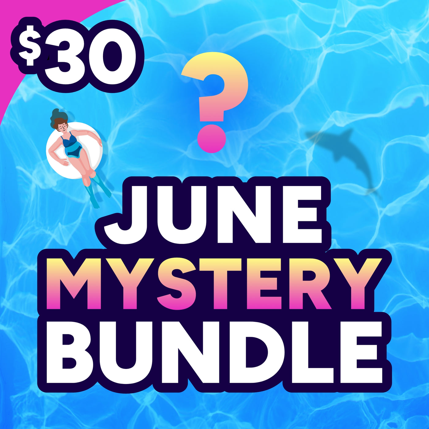 Promotional graphic for a 'June Mystery Bundle' with a question mark and pool background.