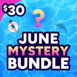 Promotional graphic for a 'June Mystery Bundle' with a question mark and pool background.