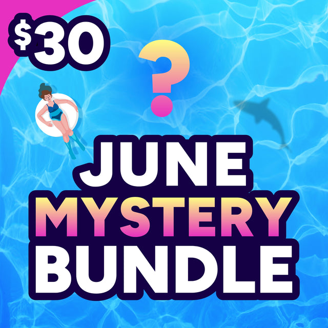 Promotional graphic for a 'June Mystery Bundle' with a question mark and pool background.