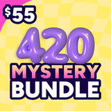 $55 420 Mystery bundle graphic with purple bubble font and a yellow background