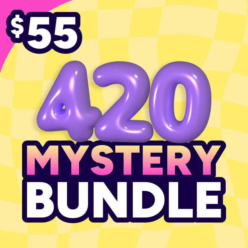 $55 420 Mystery bundle graphic with purple bubble font and a yellow background