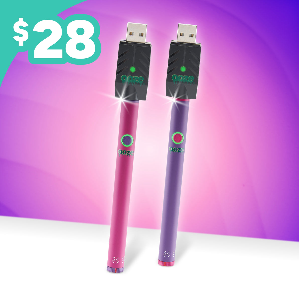 Two USB vape pens, one pink and one purple, standing upright against a purple and pink gradient background with a teal '$28' price badge in the top left corner.