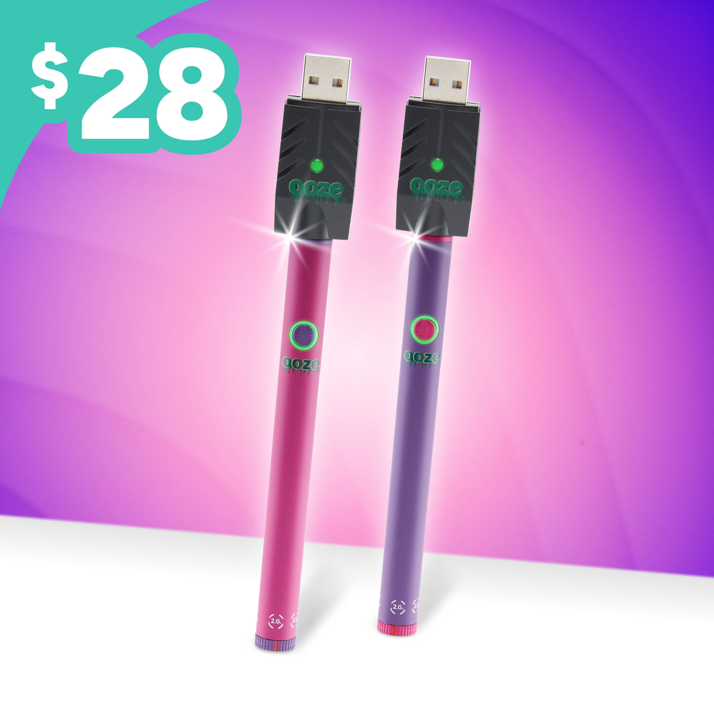 Two USB vape pens, one pink and one purple, standing upright against a purple and pink gradient background with a teal '$28' price badge in the top left corner.