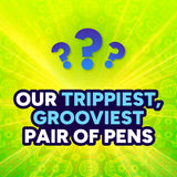 Promotional graphic with three blue question marks above the text 'OUR TRIPPIEST, GROOVIEST PAIR OF PENS' on a bright yellow and green abstract background.