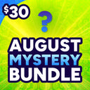Promotional graphic for an August Mystery Bundle, featuring large white and blue text on a bright yellow and green background with a blue question mark and a $30 price badge.