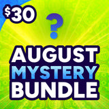 Promotional graphic for an August Mystery Bundle, featuring large white and blue text on a bright yellow and green background with a blue question mark and a $30 price badge.