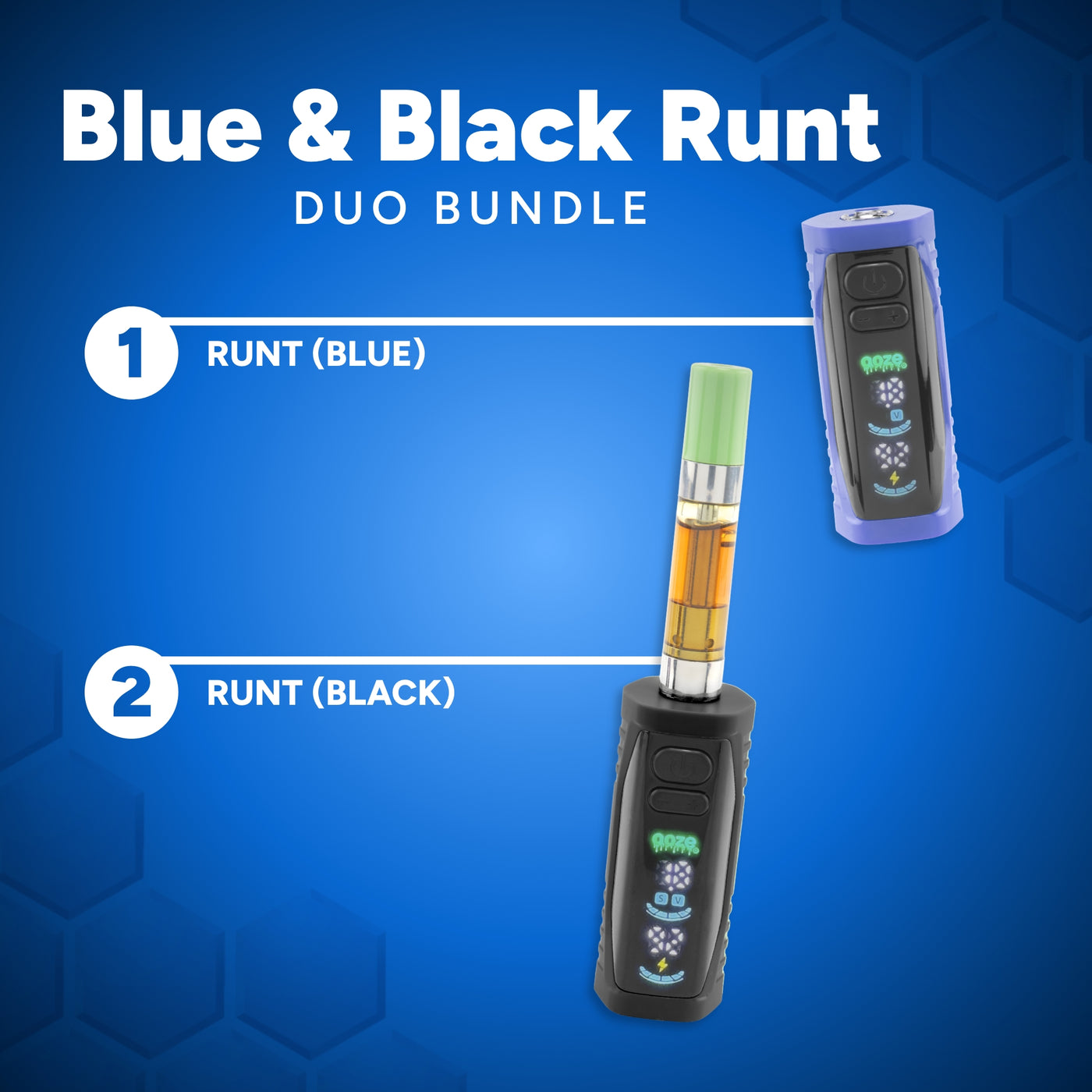 Promotional graphic for a 'Blue & Black Runt Duo Bundle' showing two vape devices on a blue hexagonal background. The top device is labeled 'RUNT (BLUE)' in purple, and the bottom device is labeled 'RUNT (BLACK)' in black, with a central combined device illustration showing both colors and an amber liquid cartridge.