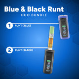 Promotional graphic for a 'Blue & Black Runt Duo Bundle' showing two vape devices on a blue hexagonal background. The top device is labeled 'RUNT (BLUE)' in purple, and the bottom device is labeled 'RUNT (BLACK)' in black, with a central combined device illustration showing both colors and an amber liquid cartridge.