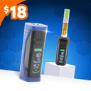 Two vape devices shown on a blue hexagonal background with a $18 price badge in the top-left corner. One device is blue and the other is black with a cart connected.