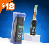 Two vape devices shown on a blue hexagonal background with a $18 price badge in the top-left corner. One device is blue and the other is black with a cart connected.