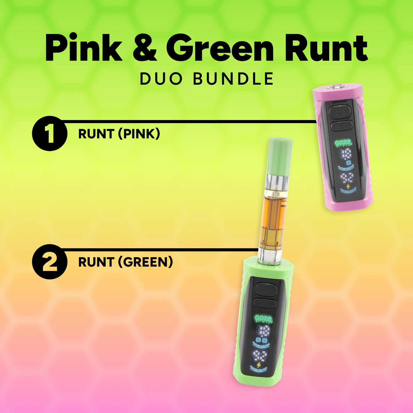 Promotional graphic for a 'Pink & Green Runt Duo Bundle' showing two vape devices: one pink device labeled 'Runt (Pink)' and one green device labeled 'Runt (Green)', with a central vape component, on a yellow-to-pink gradient background with a faint honeycomb pattern.