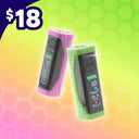 Two Ooze Runt vape devices shown on a bright gradient background with a $18 price badge. One device is pink and the other is green, both with black sides and blue graphic details.