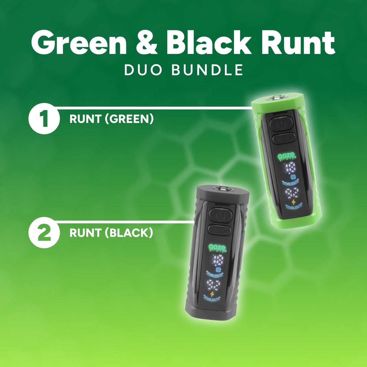 Promotional graphic for the Green & Black Runt Duo Bundle that lists a green Runt and Black Runt against a green background.