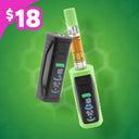 A black Runt mini battery and green Runt with a cartridge attached are shown with both screens turned on against a green background, with an $18 price tag