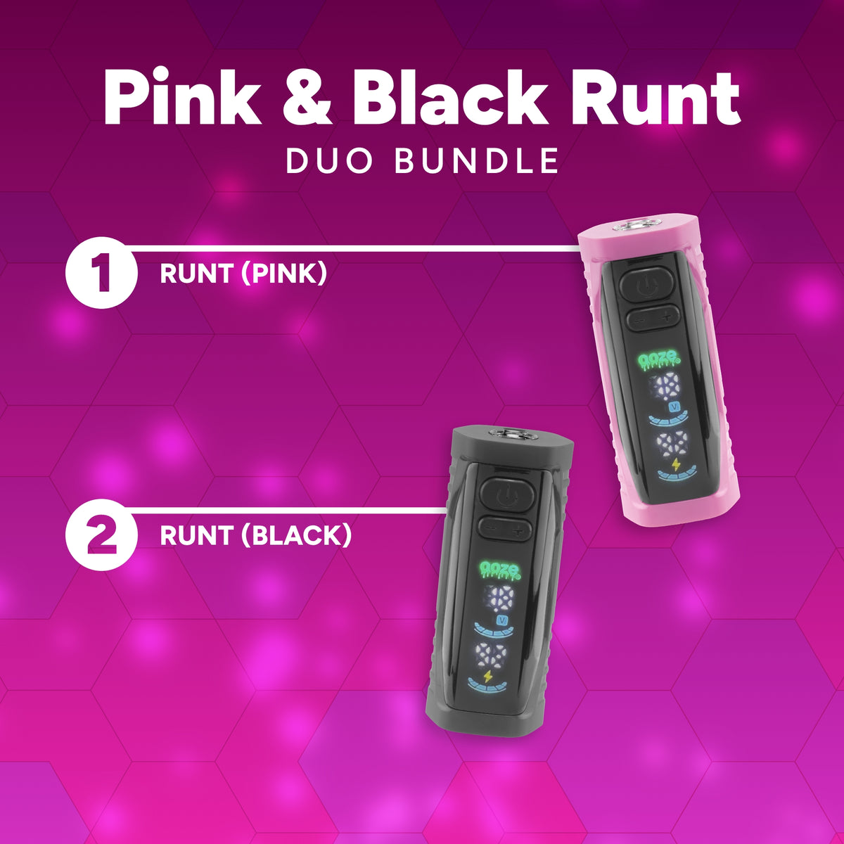 Promo graphic for Pink & Black Runt Duo Bundle that lists a pink runt and a black runt, against a sparkly pink background
