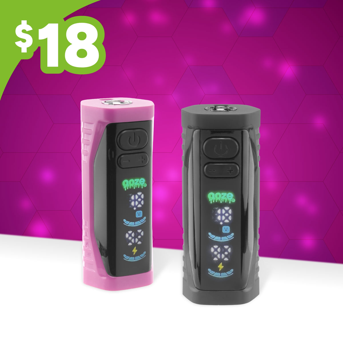 A pink and black Ooze Runt Mini battery are shown on a white counter against a sparkly pink background with an $18 price tag