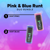 Promotional graphic for a 'Pink & Blue Runt Duo Bundle' showing two Runt devices, one pink and one blue, with numbered callouts on a purple-to-pink gradient background.