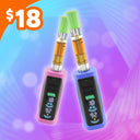 Pink and blue Ooze Runt Mini batteries are shown turned on with cartridges attached against a blue and pink background with an $18 price tag
