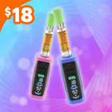 Pink and blue Ooze Runt Mini batteries are shown turned on with cartridges attached against a blue and pink background with an $18 price tag