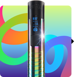 Close up of the rainbow Digit battery's screen turned on