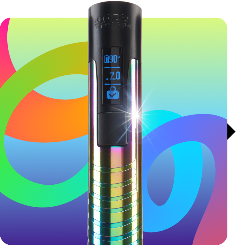 Close up of the rainbow Digit battery's screen turned on