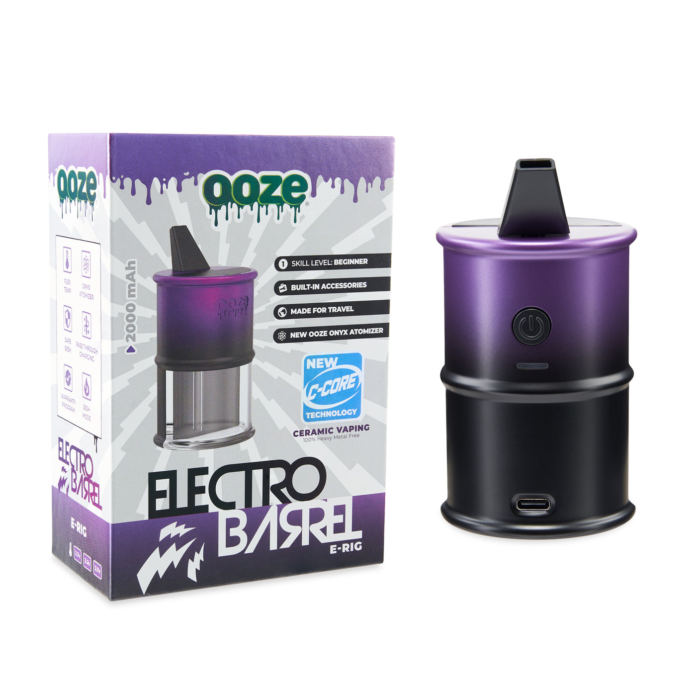 view of product box and purple Electro Barrel electric dab rig outside of it