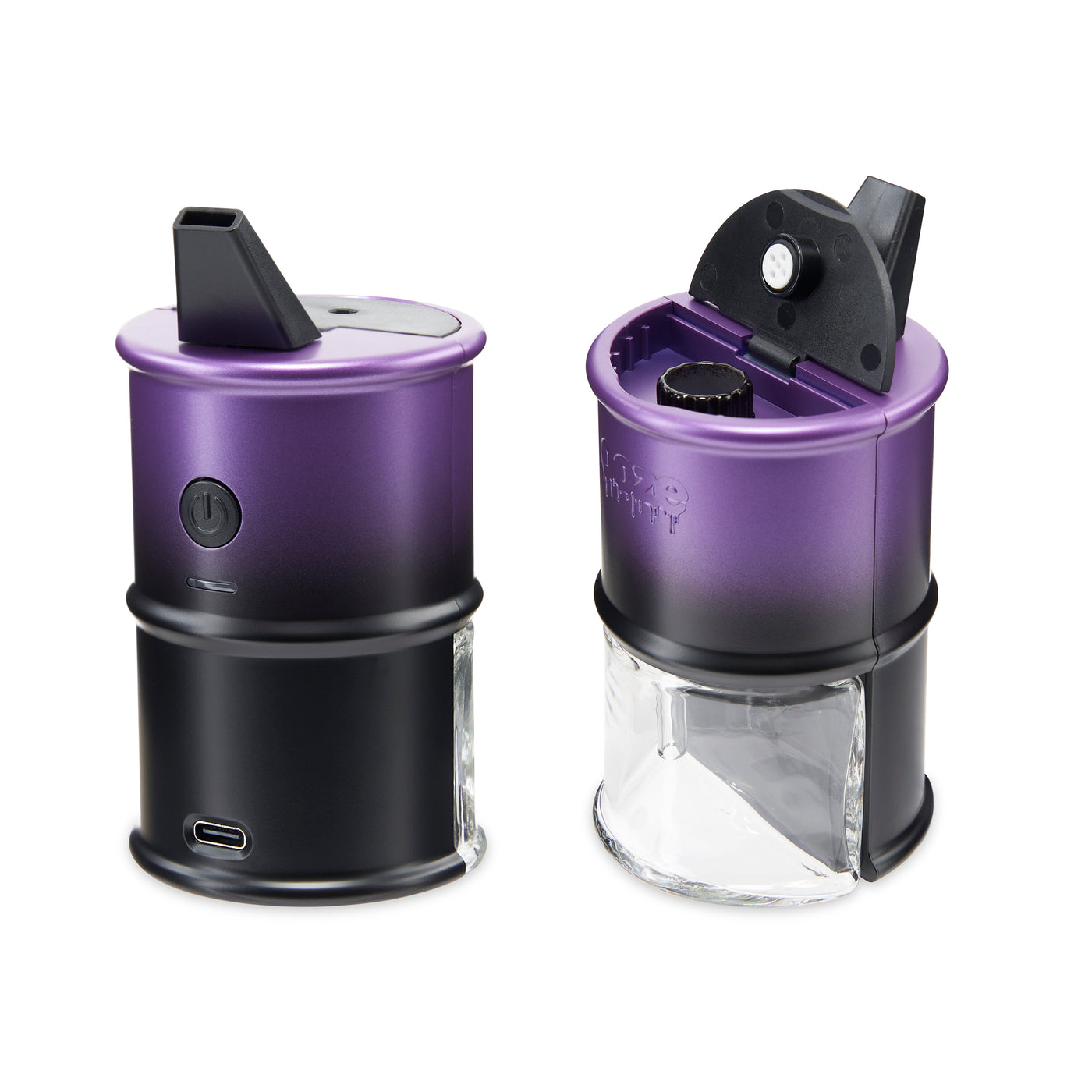 front view and back view of two purple Electro Barrel electric dab rigs