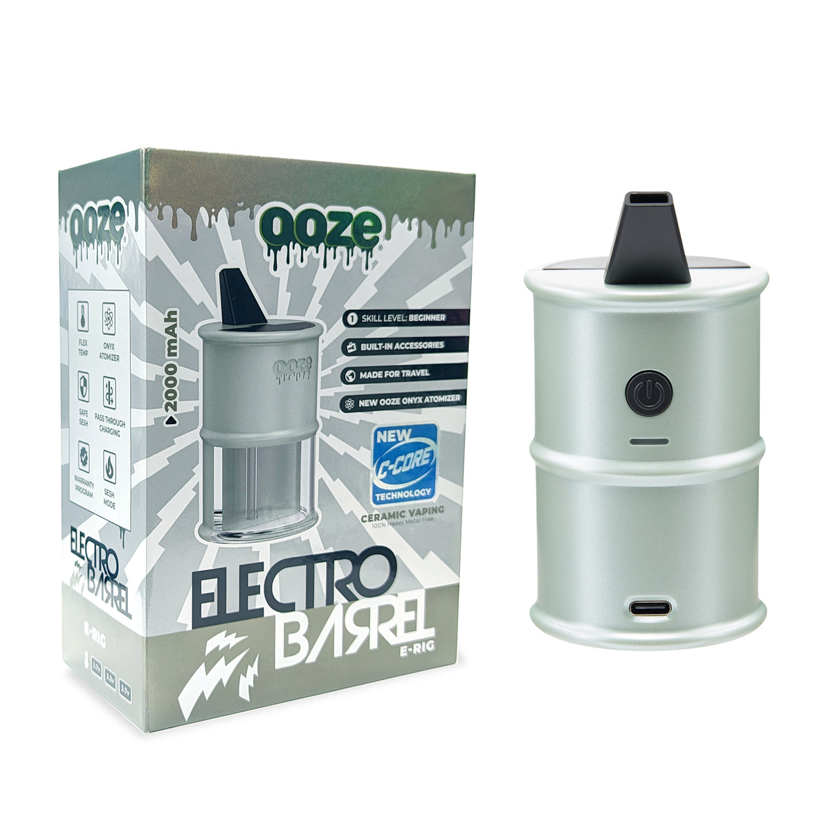 view of product box and sage electro barrel electric dab rig outside of it