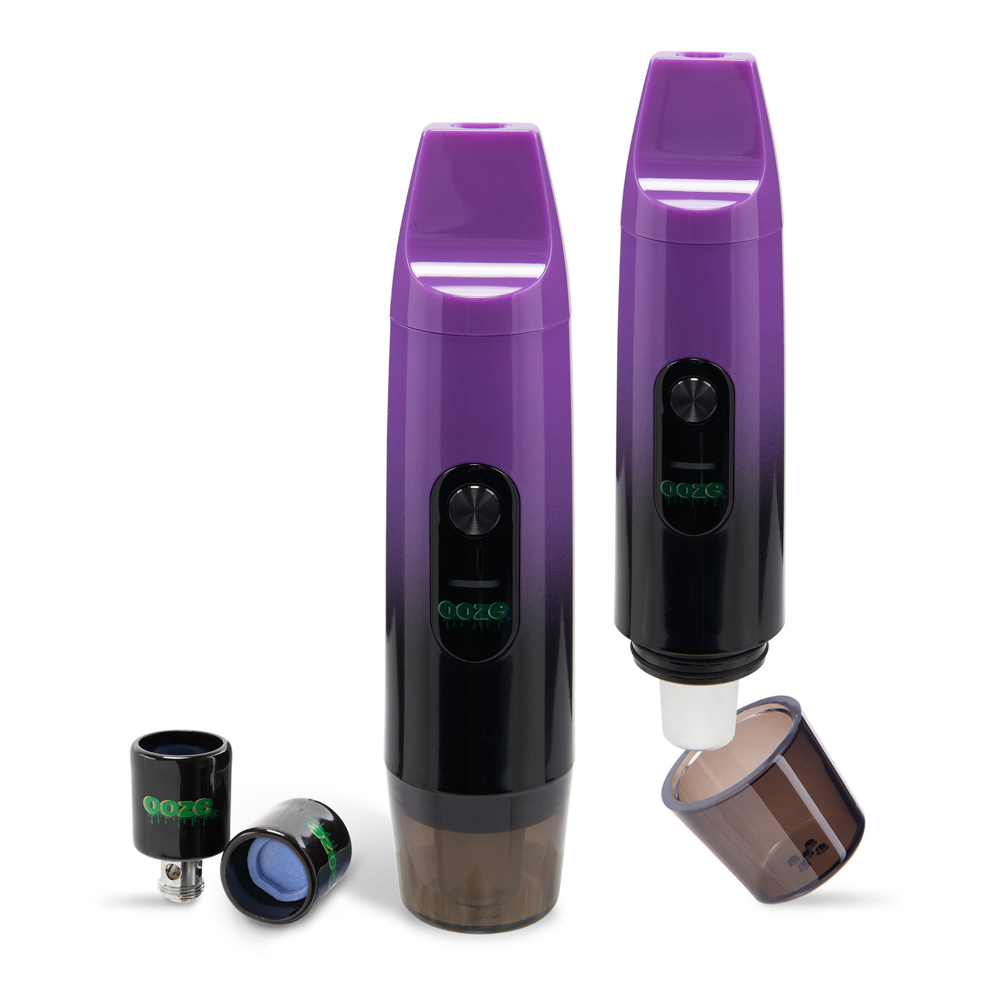 Two Purple Booster extract vaporizers with atomizers on the side

