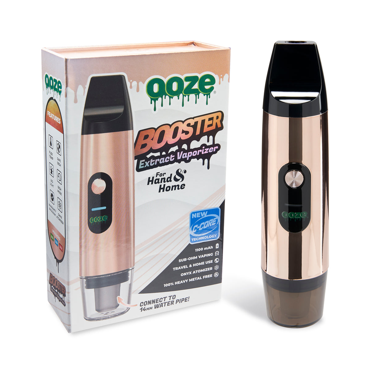 Front shot of  Rose Gold Booster extract vape with angled product box next to it