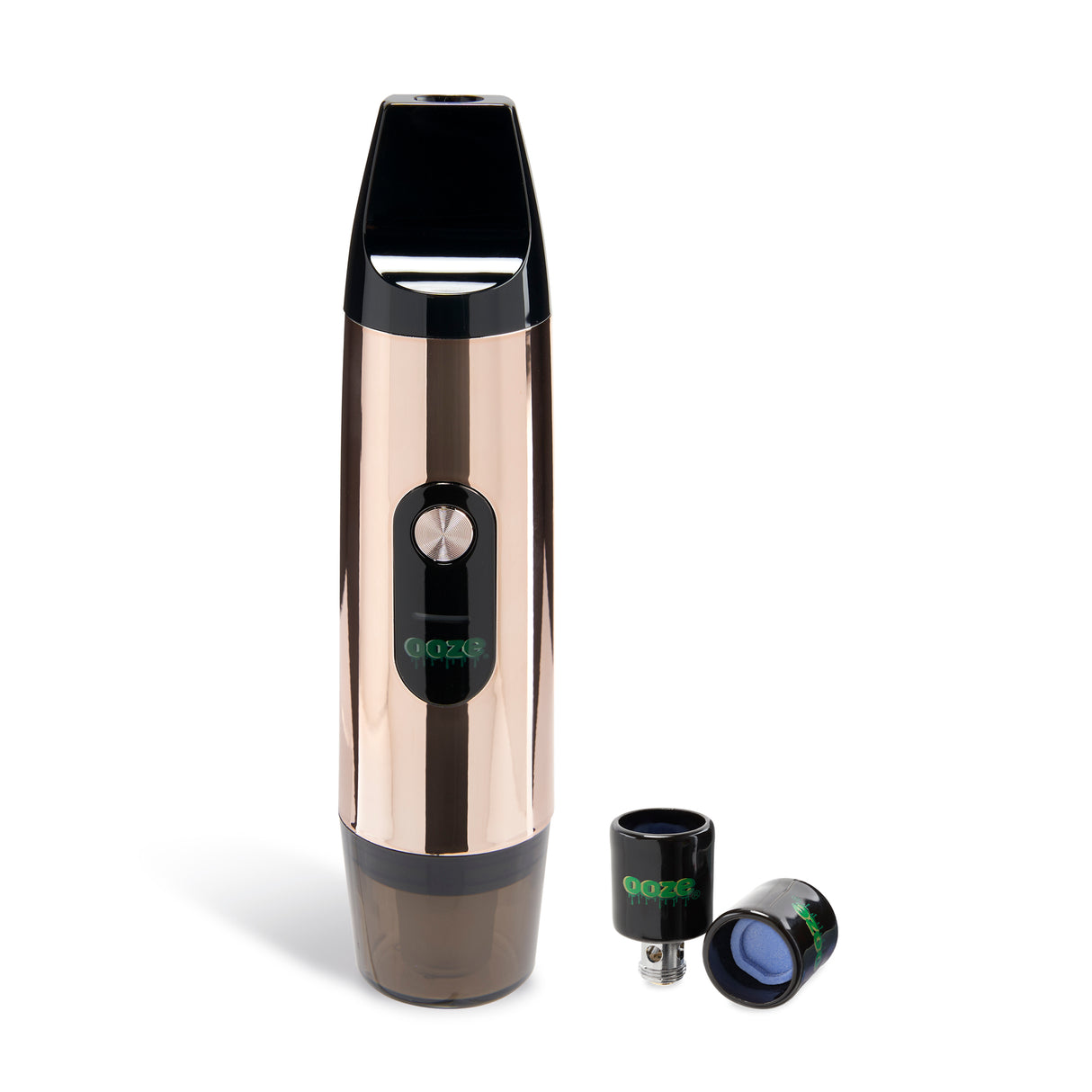 Front view of Rose Gold Booster extract vape with attachments
