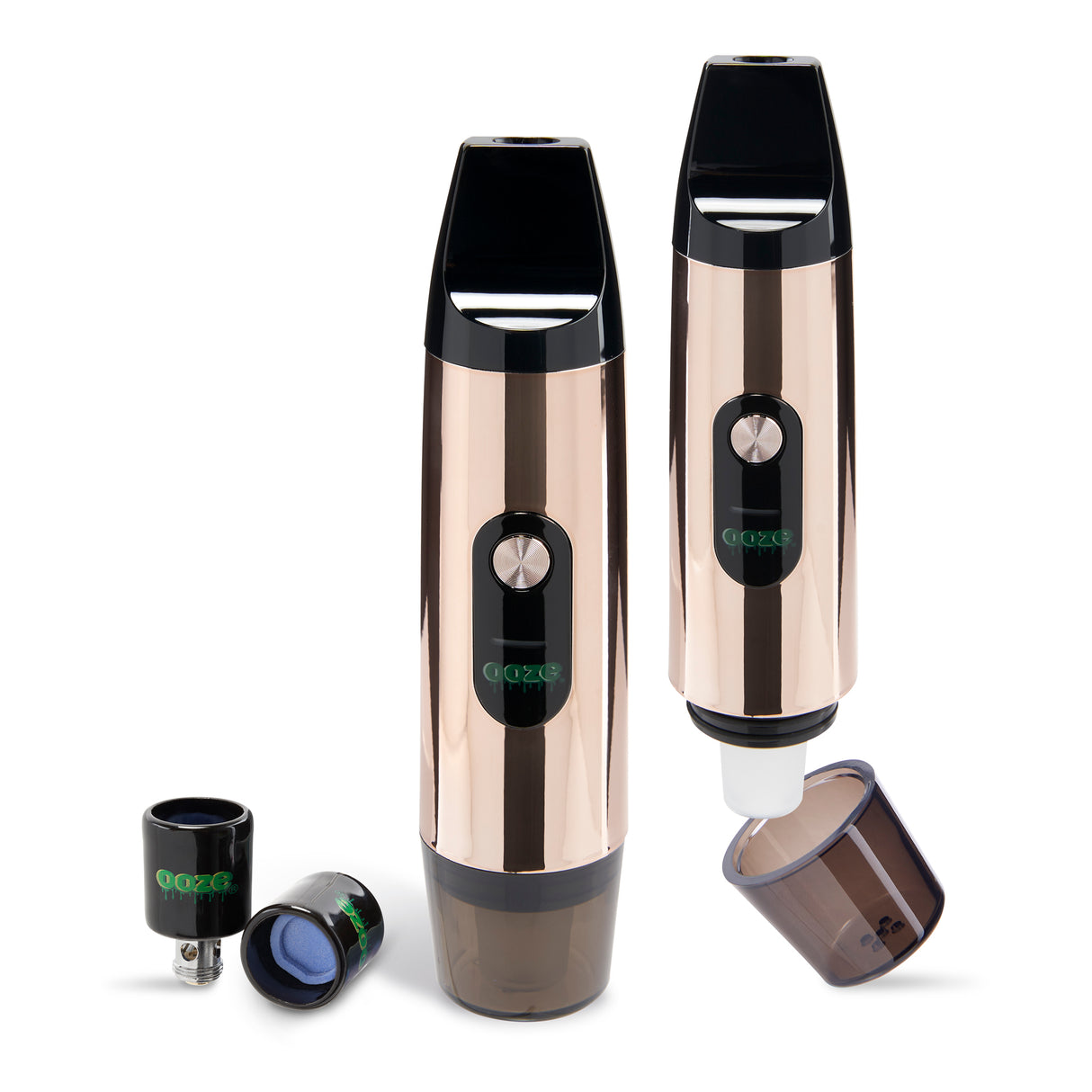 Two Rose Gold Booster extract vaporizers with atomizers on the side
