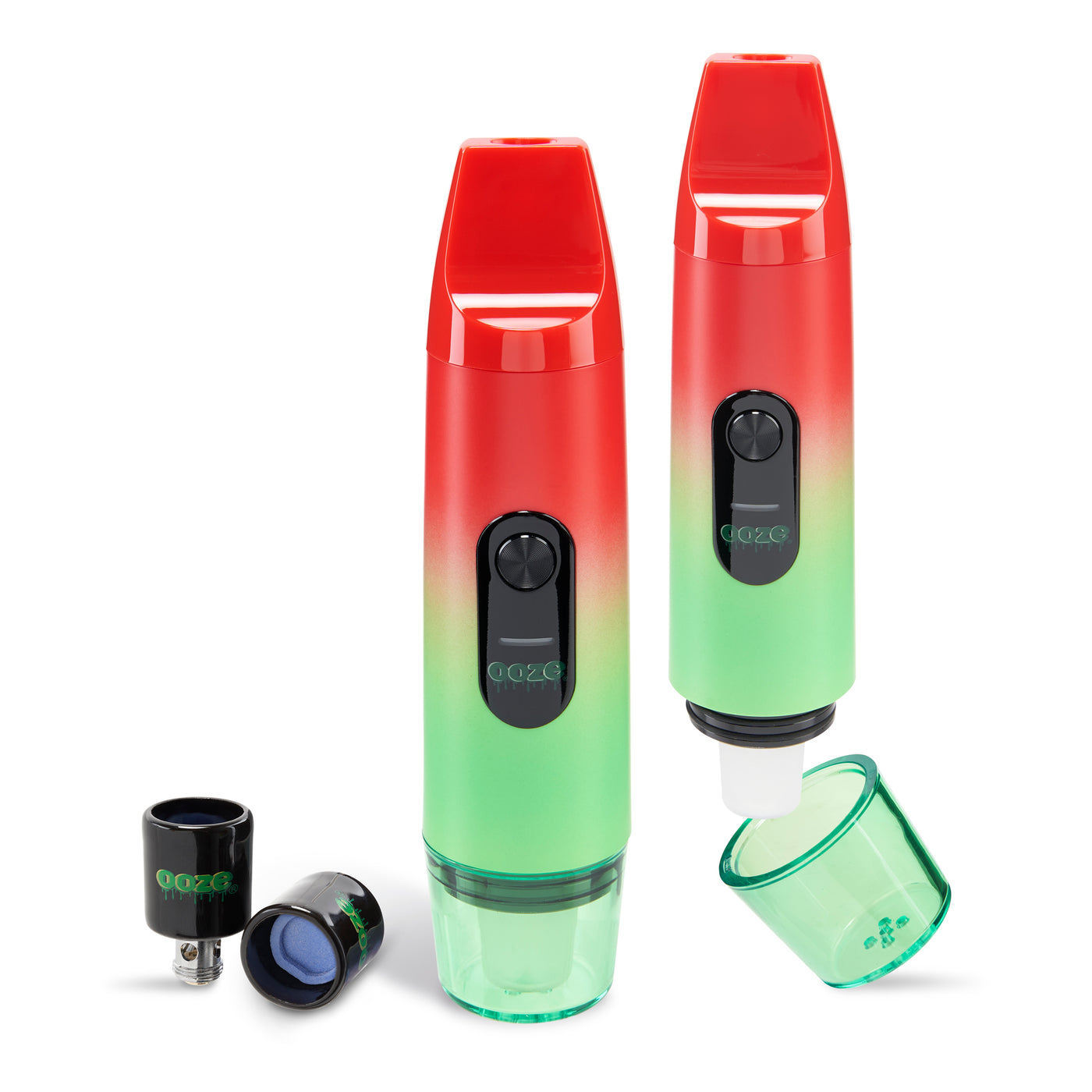 Two Rasta Booster extract vaporizers with atomizers on the side
